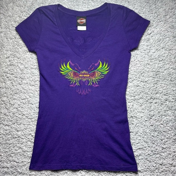 Harley Davidson Shirt Womens Small Vneck Graphic Eagle Wings Neon Motorcycles - Picture 1 of 5